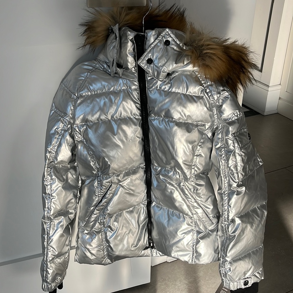 Brand new with tags gorgeous s13 metallic silver jacket with fur hood size 12